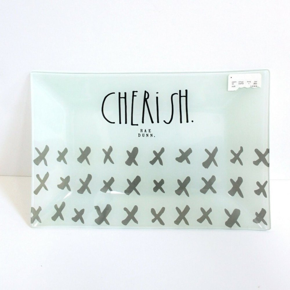 NWOT Rae Dunn "CHERiSH." Frosted Glass Serving Plate Tray - Sea Foam